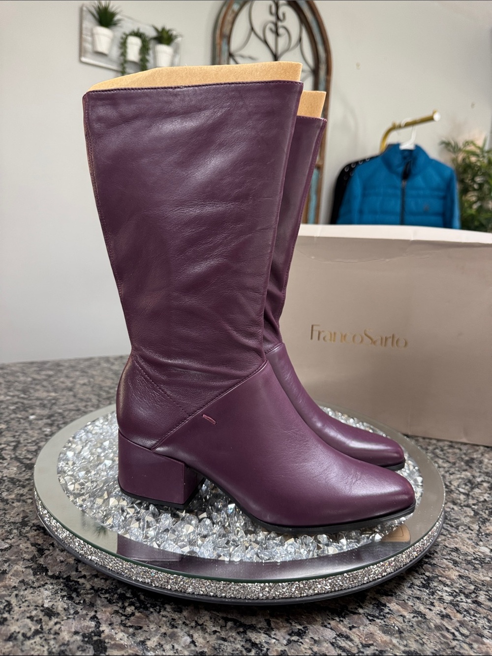 Franco Sarto Jaxine Plum Leather mid calf block heel Boots NEW 6